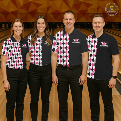 Custom Pink Argyle Bowling Polo 1/4-Zip Shirt For Men Argyle Bowling Tournament Team Jersey NYN4673