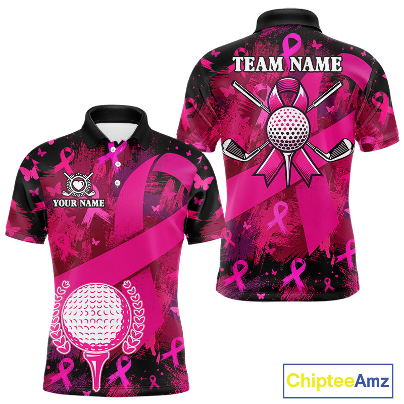 Mens Breast Cancer Golf Polo Shirt Custom Name Pink Ribbon Golf Team Golf Tournament Apparel NYN4677