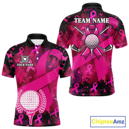 Mens Breast Cancer Golf Polo Shirt Custom Name Pink Ribbon Golf Team Golf Tournament Apparel NYN4677