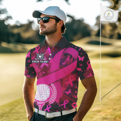 Mens Breast Cancer Golf Polo Shirt Custom Name Pink Ribbon Golf Team Golf Tournament Apparel NYN4677
