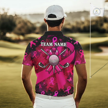 Mens Breast Cancer Golf Polo Shirt Custom Name Pink Ribbon Golf Team Golf Tournament Apparel NYN4677