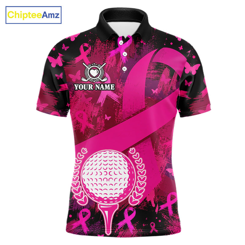 Mens Breast Cancer Golf Polo Shirt Custom Name Pink Ribbon Golf Team Golf Tournament Apparel NYN4677
