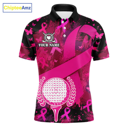 Mens Breast Cancer Golf Polo Shirt Custom Name Pink Ribbon Golf Team Golf Tournament Apparel NYN4677