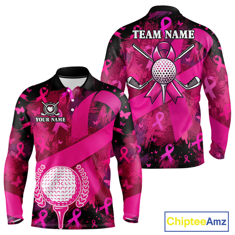 Mens Breast Cancer Golf Polo Shirt Custom Name Pink Ribbon Golf Team Golf Tournament Apparel NYN4677