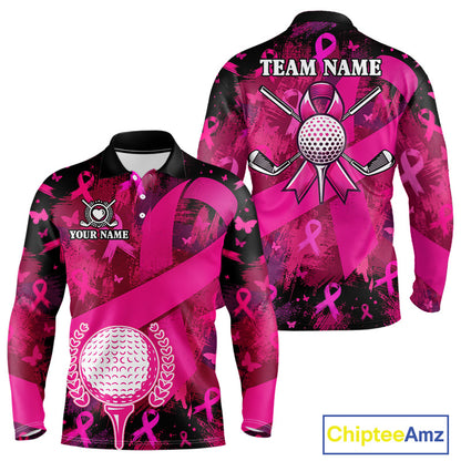 Mens Breast Cancer Golf Polo Shirt Custom Name Pink Ribbon Golf Team Golf Tournament Apparel NYN4677