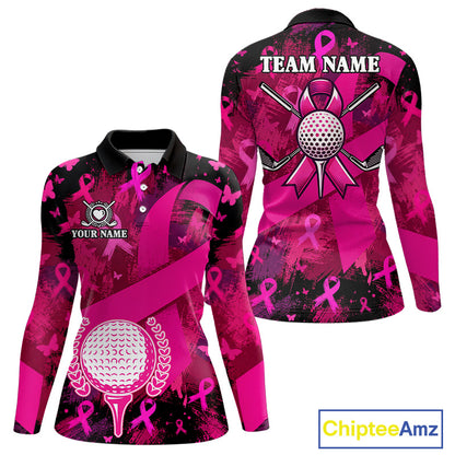 Womens Breast Cancer Golf Polo Shirt Custom Name Pink Ribbon Golf Team Golf Tournament Apparel NYN4677