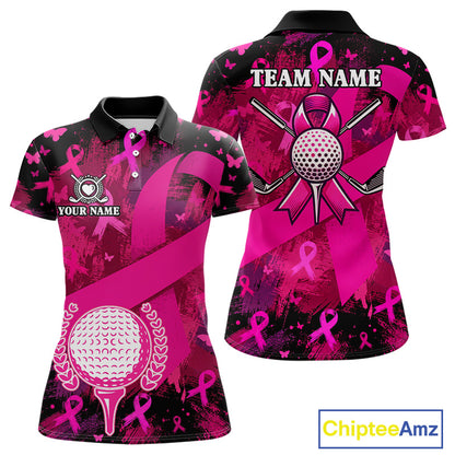 Womens Breast Cancer Golf Polo Shirt Custom Name Pink Ribbon Golf Team Golf Tournament Apparel NYN4677