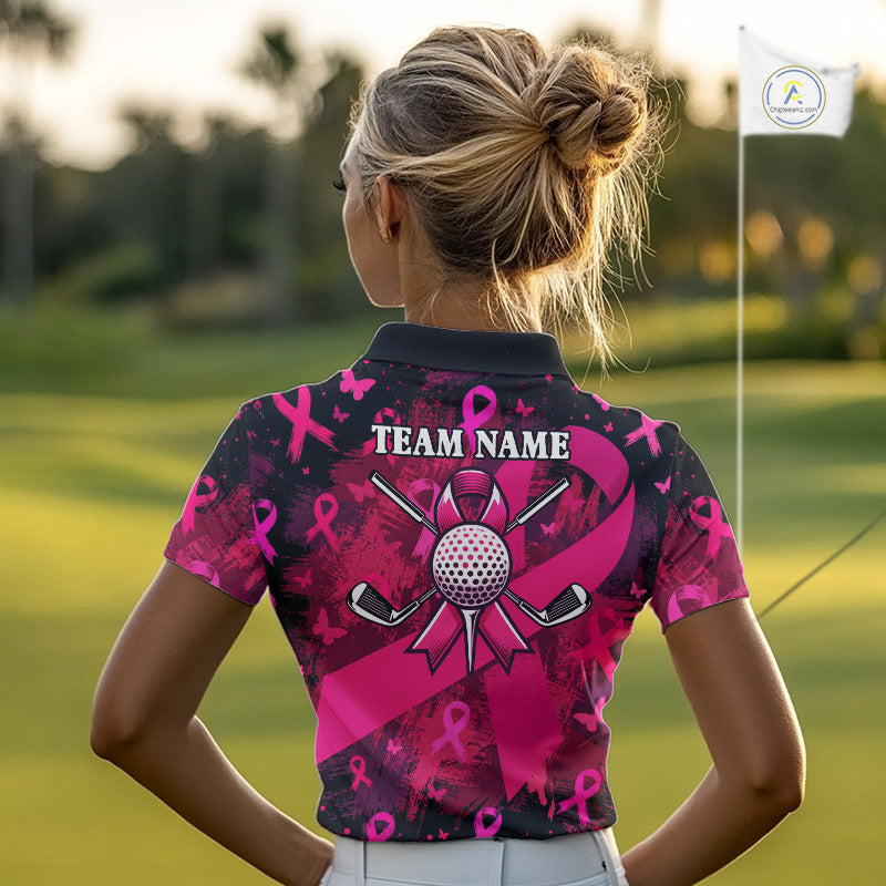 Womens Breast Cancer Golf Polo Shirt Custom Name Pink Ribbon Golf Team Golf Tournament Apparel NYN4677