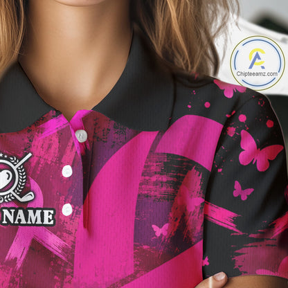 Womens Breast Cancer Golf Polo Shirt Custom Name Pink Ribbon Golf Team Golf Tournament Apparel NYN4677