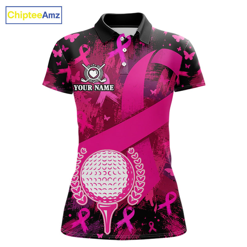 Womens Breast Cancer Golf Polo Shirt Custom Name Pink Ribbon Golf Team Golf Tournament Apparel NYN4677