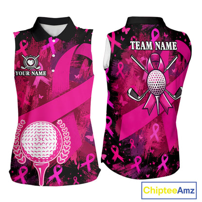 Womens Breast Cancer Golf Sleeveless Polo Shirt Custom Name Pink Ribbon Golf Team Golf Tournament Apparel NYN4677