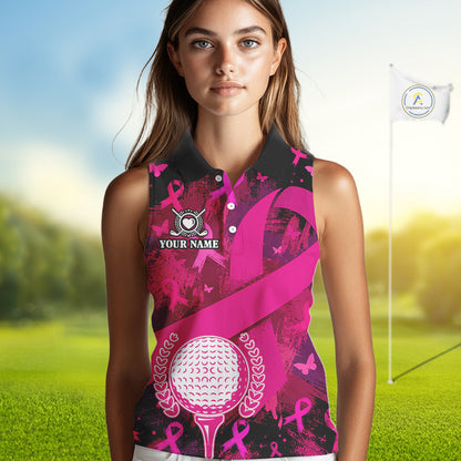 Womens Breast Cancer Golf Sleeveless Polo Shirt Custom Name Pink Ribbon Golf Team Golf Tournament Apparel NYN4677