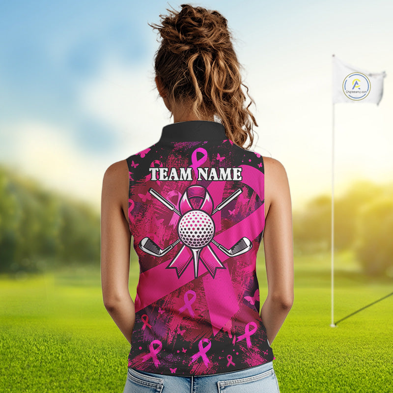 Womens Breast Cancer Golf Sleeveless Polo Shirt Custom Name Pink Ribbon Golf Team Golf Tournament Apparel NYN4677