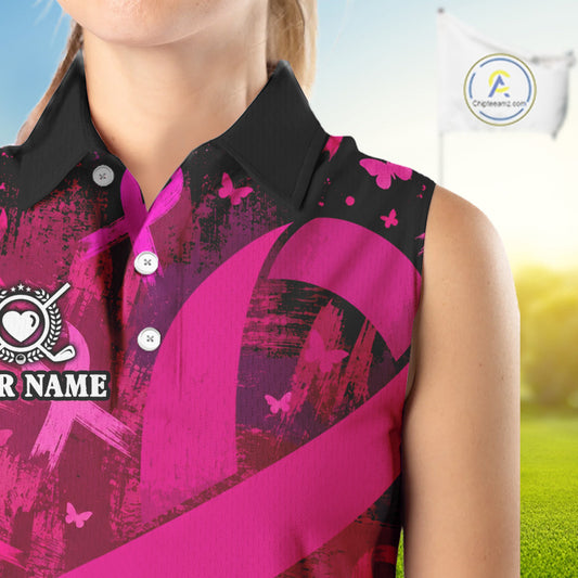 Womens Breast Cancer Golf Sleeveless Polo Shirt Custom Name Pink Ribbon Golf Team Golf Tournament Apparel NYN4677