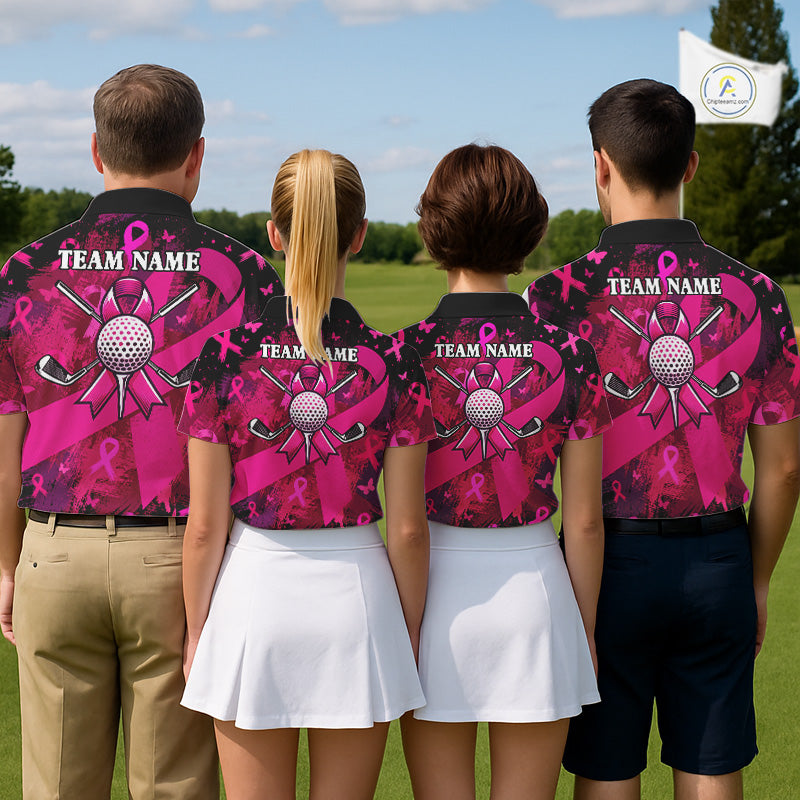 Mens Breast Cancer Golf Polo Shirt Custom Name Pink Ribbon Golf Team Golf Tournament Apparel NYN4677