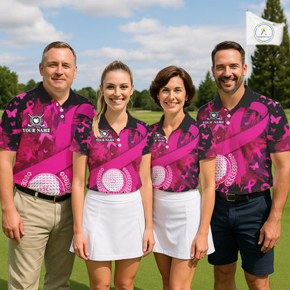 Mens Breast Cancer Golf Polo Shirt Custom Name Pink Ribbon Golf Team Golf Tournament Apparel NYN4677