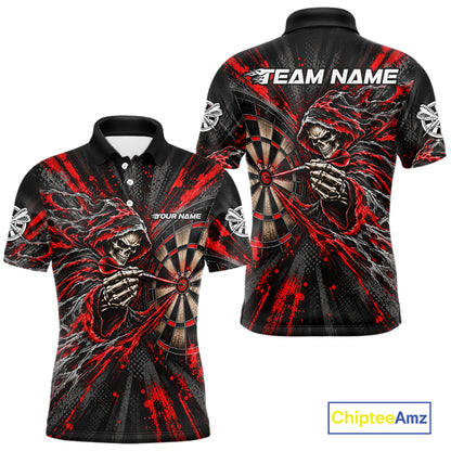 Red Grunge Grim Reaper Men Darts Polo Quarter-Zip Shirt Custom Skeleton Darts Team Shirt Darts Gift NYN5047