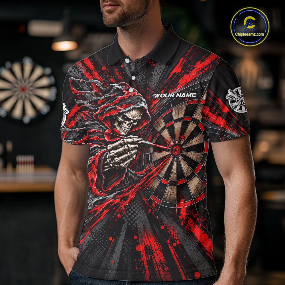 Red Grunge Grim Reaper Men Darts Polo Quarter-Zip Shirt Custom Skeleton Darts Team Shirt Darts Gift NYN5047