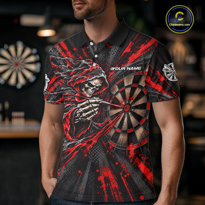 Red Grunge Grim Reaper Men Darts Polo Quarter-Zip Shirt Custom Skeleton Darts Team Shirt Darts Gift NYN5047