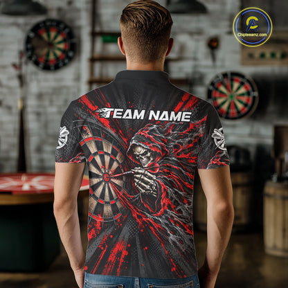 Red Grunge Grim Reaper Men Darts Polo Quarter-Zip Shirt Custom Skeleton Darts Team Shirt Darts Gift NYN5047