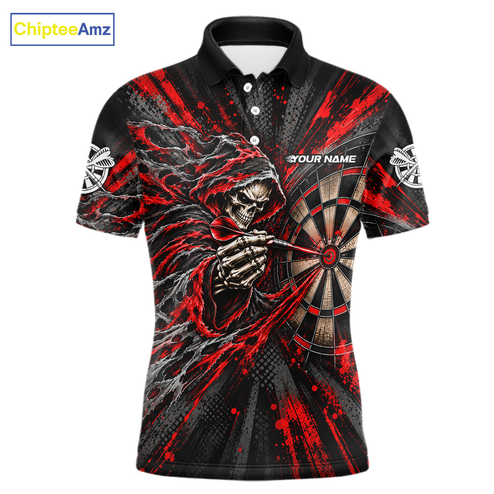 Red Grunge Grim Reaper Men Darts Polo Quarter-Zip Shirt Custom Skeleton Darts Team Shirt Darts Gift NYN5047
