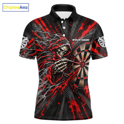 Red Grunge Grim Reaper Men Darts Polo Quarter-Zip Shirt Custom Skeleton Darts Team Shirt Darts Gift NYN5047