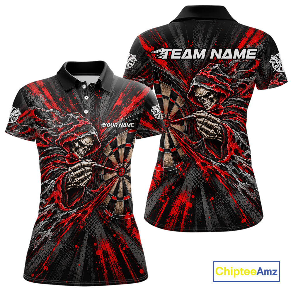 Red Grunge Grim Reaper Women Darts Polo Quarter-Zip Shirt Custom Skeleton Darts Team Shirt Darts Gift NYN5047