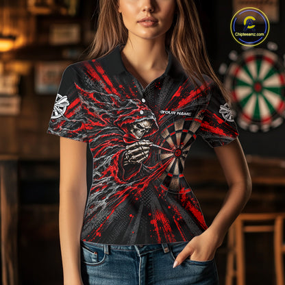 Red Grunge Grim Reaper Women Darts Polo Quarter-Zip Shirt Custom Skeleton Darts Team Shirt Darts Gift NYN5047