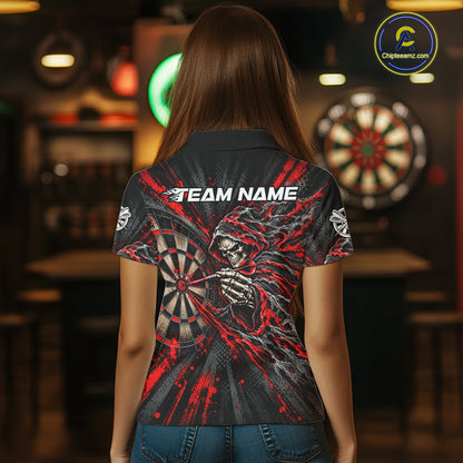 Red Grunge Grim Reaper Women Darts Polo Quarter-Zip Shirt Custom Skeleton Darts Team Shirt Darts Gift NYN5047