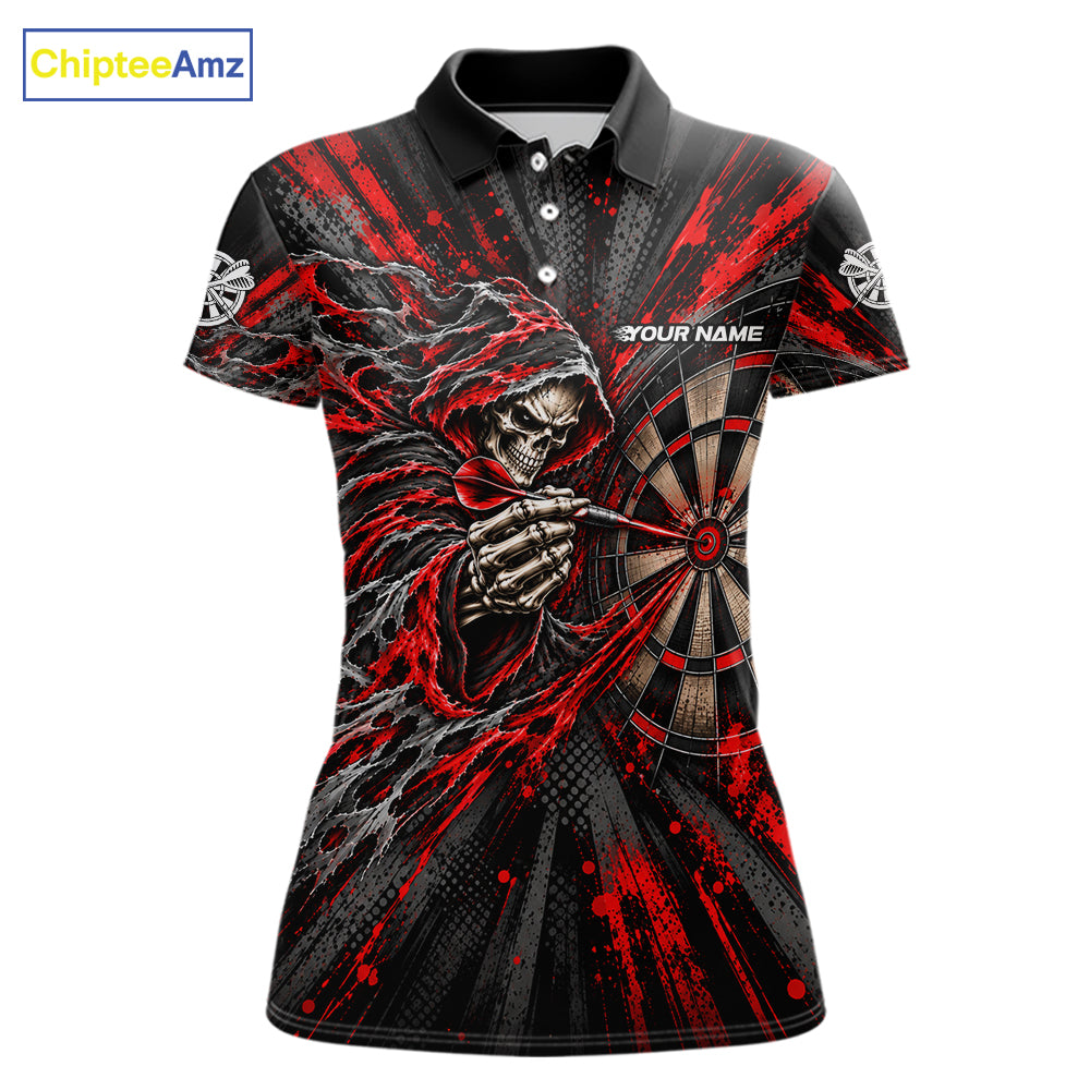 Red Grunge Grim Reaper Women Darts Polo Quarter-Zip Shirt Custom Skeleton Darts Team Shirt Darts Gift NYN5047