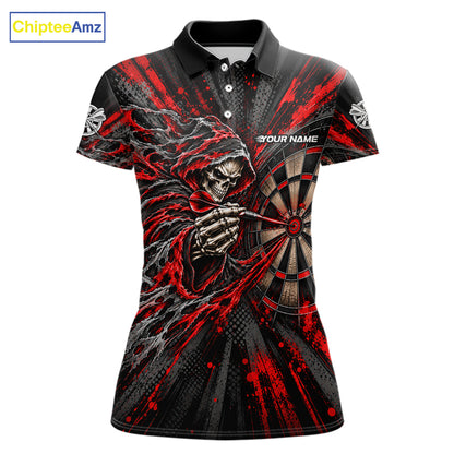 Red Grunge Grim Reaper Women Darts Polo Quarter-Zip Shirt Custom Skeleton Darts Team Shirt Darts Gift NYN5047