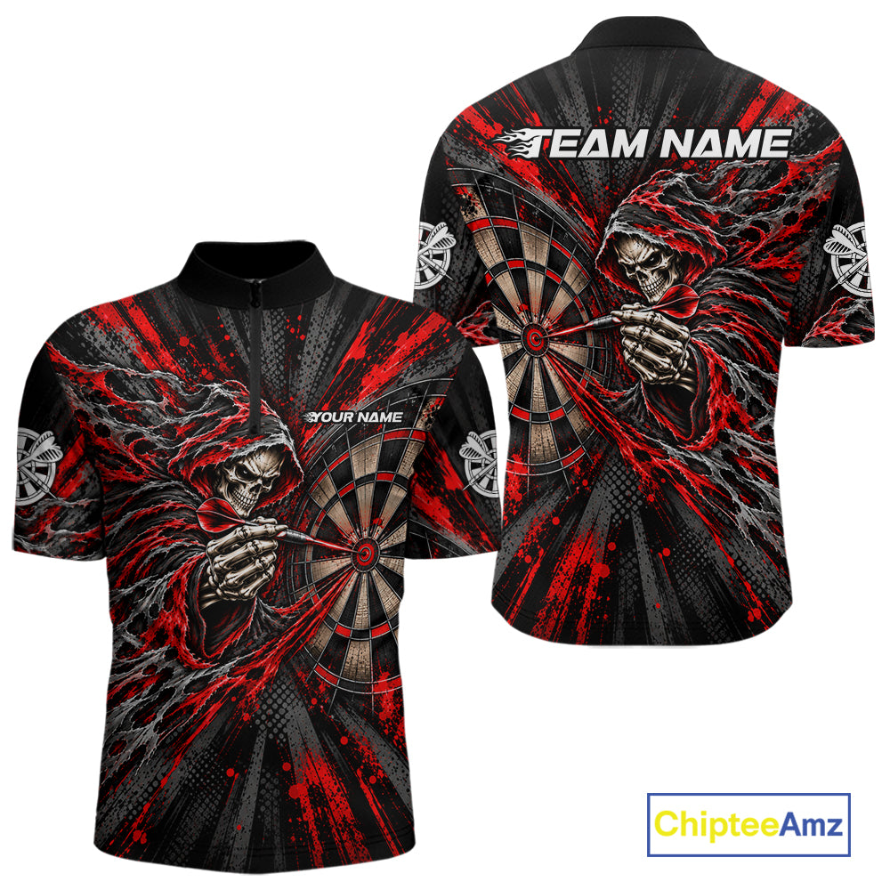 Red Grunge Grim Reaper Men Darts Polo Quarter-Zip Shirt Custom Skeleton Darts Team Shirt Darts Gift NYN5047