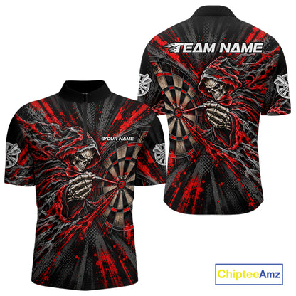 Red Grunge Grim Reaper Men Darts Polo Quarter-Zip Shirt Custom Skeleton Darts Team Shirt Darts Gift NYN5047