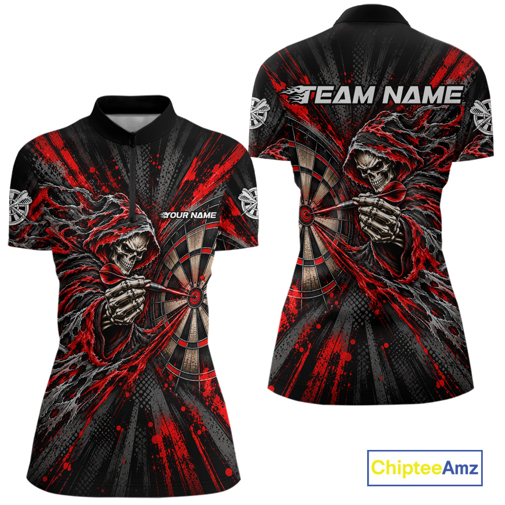 Red Grunge Grim Reaper Women Darts Polo Quarter-Zip Shirt Custom Skeleton Darts Team Shirt Darts Gift NYN5047