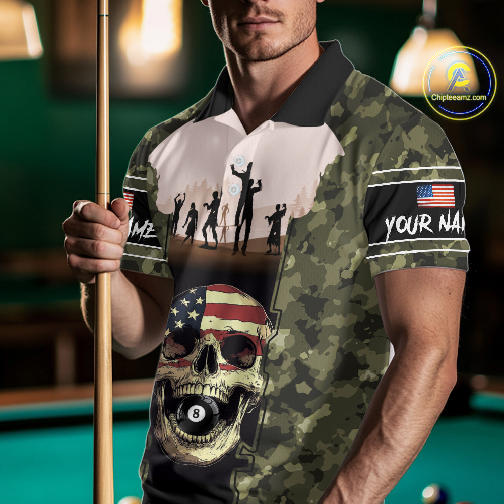 US Flag Skull Patriotic Billiard Shirts For Men Custom Camouflage 8 Ball Billiard Jerseys NYN2292