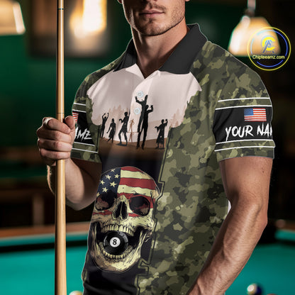 US Flag Skull Patriotic Billiard Shirts For Men Custom Camouflage 8 Ball Billiard Jerseys NYN2292
