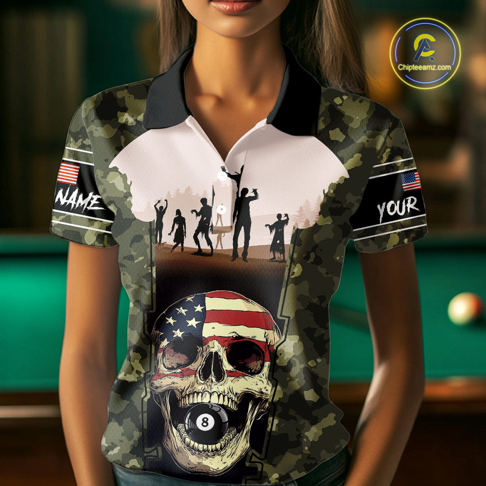 US Flag Skull Patriotic Billiard Shirts For Women Custom Camouflage 8 Ball Billiard Jerseys NYN2292