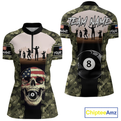 US Flag Skull Patriotic Billiard Shirts For Women Custom Camouflage 8 Ball Billiard Jerseys NYN2292