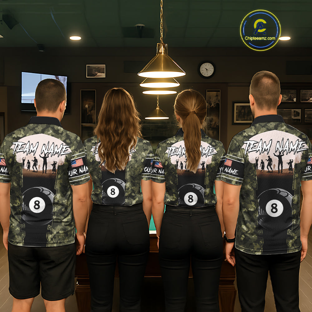 US Flag Skull Patriotic Billiard Shirts For Men Custom Camouflage 8 Ball Billiard Jerseys NYN2292