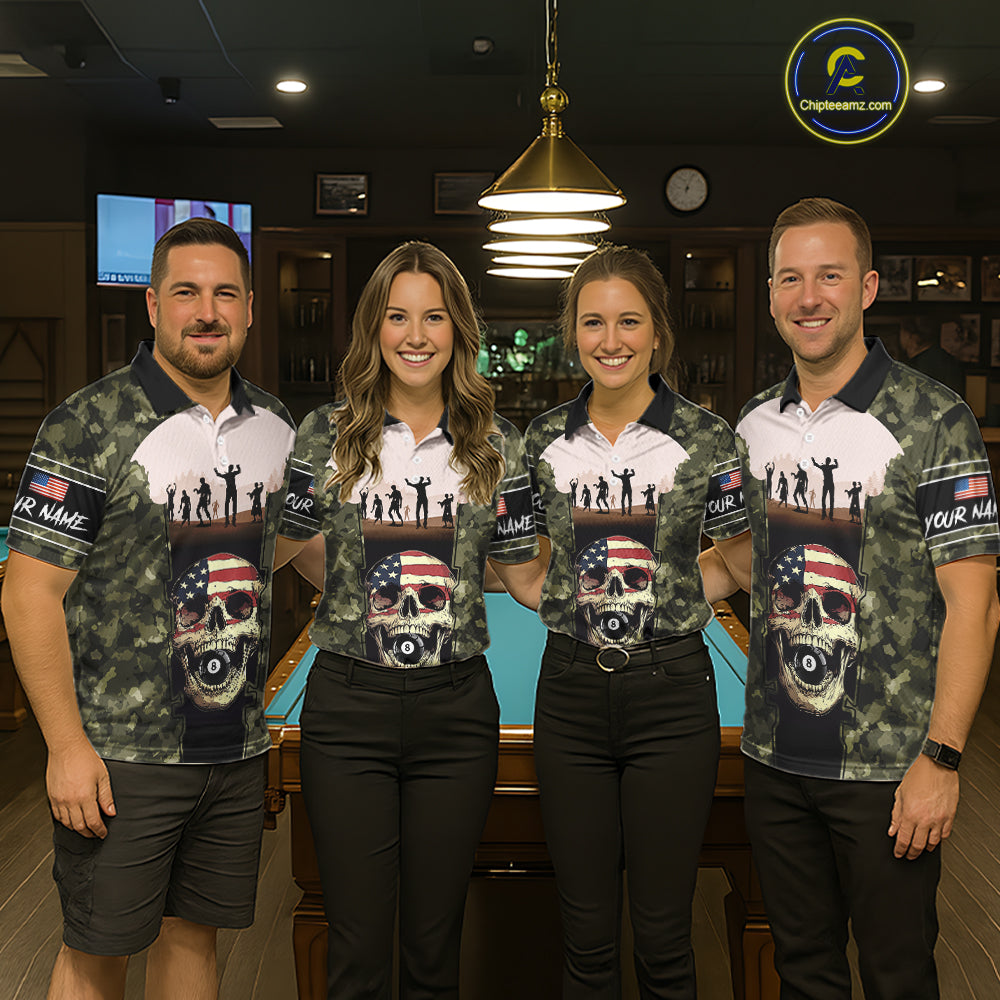 US Flag Skull Patriotic Billiard Shirts For Men Custom Camouflage 8 Ball Billiard Jerseys NYN2292