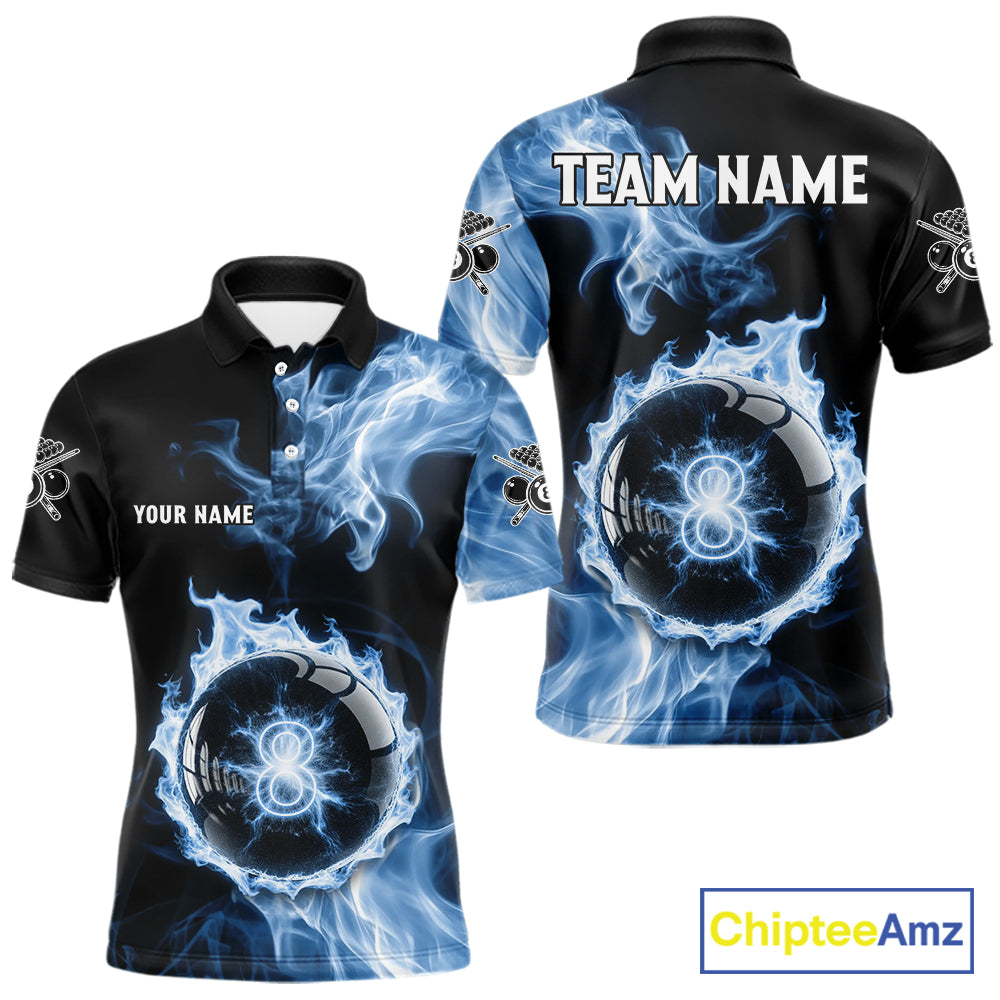 Blue Flaming Pool Billiard Shirts For Men Custom Light Ball 8 Billiard Team Jerseys NYN2300