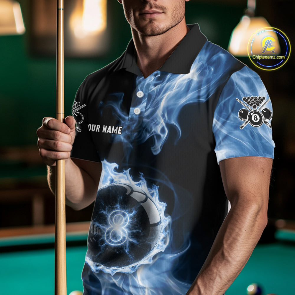 Blue Flaming Pool Billiard Shirts For Men Custom Light Ball 8 Billiard Team Jerseys NYN2300
