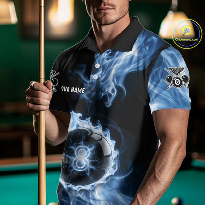 Blue Flaming Pool Billiard Shirts For Men Custom Light Ball 8 Billiard Team Jerseys NYN2300