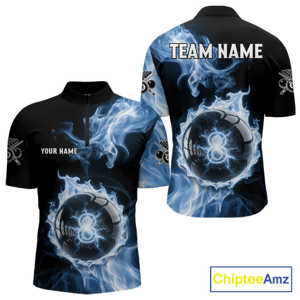 Blue Flaming Pool Billiard Shirts For Men Custom Light Ball 8 Billiard Team Jerseys NYN2300