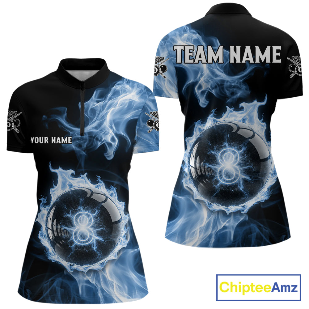 Blue Flaming Pool Billiard Shirts For Women Custom Light Ball 8 Billiard Team Jerseys NYN2300