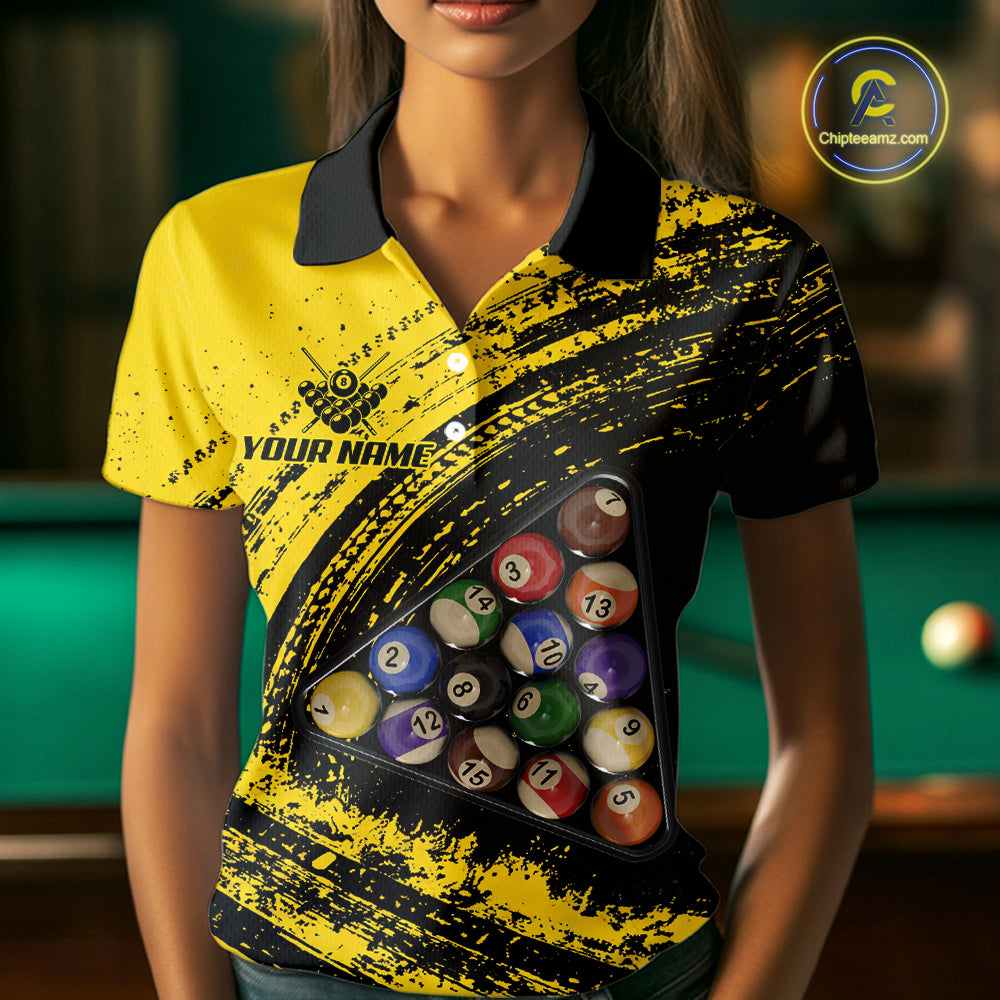 Yellow Grunge Billiard 15 Ball Pool Polo & Quarter-Zip Shirt Custom Billiard Team Attire For Women NYN2747