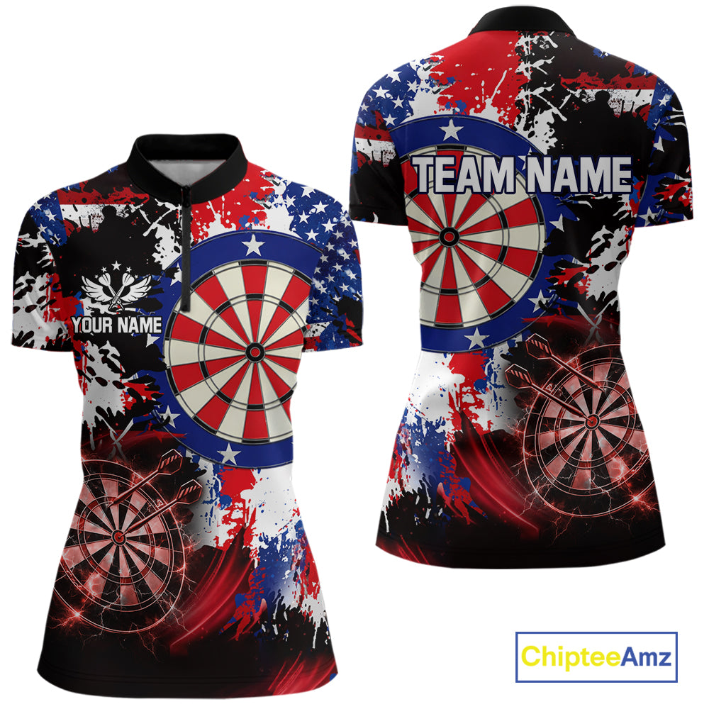 Personalized Patriotic Grunge Darts Polo & 1/4-Zip Shirt For Women Thunder Dart Team Jerseys NYN2954