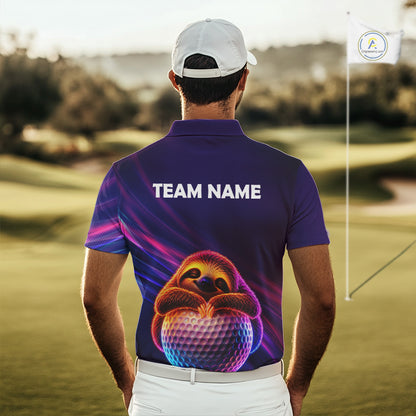 Male golfer wearing funny sloth golf polo with neon glow, perfect for golf outings, Father's Day gifts and relaxed golf lifestyle.