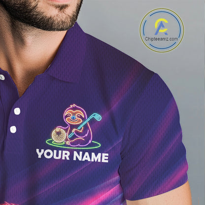 Male golfer wearing funny sloth golf polo with neon glow, perfect for golf outings, Father's Day gifts and relaxed golf lifestyle.