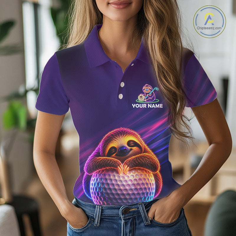 Female golfer wearing adorable sloth golf polo, unique golf apparel for ladies golf league, golf vacations and animal lovers.